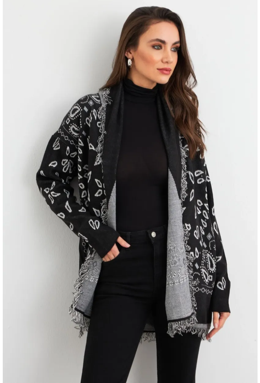 Kadın Siyah Desenli Triko Hırka MVI14209