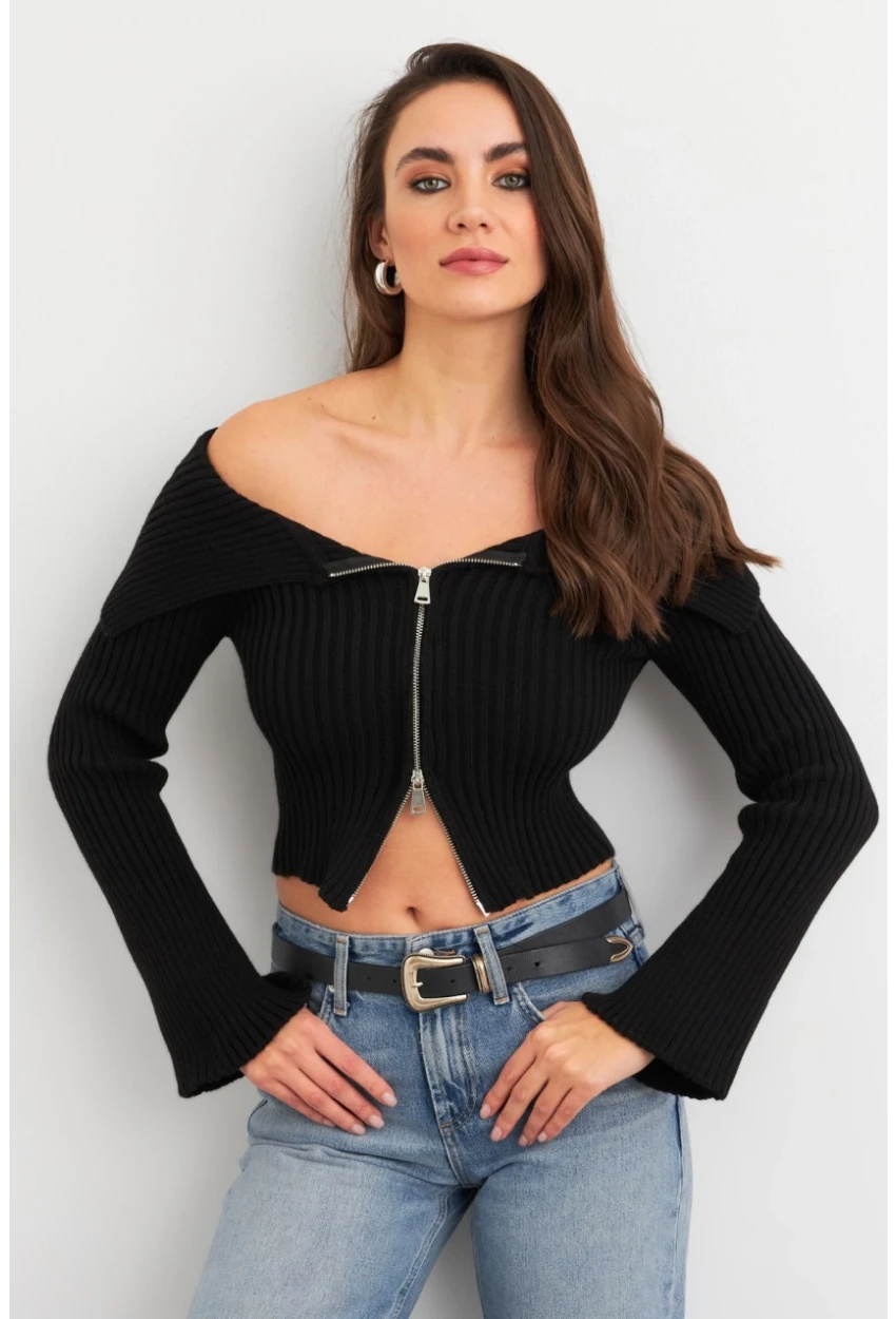 Kadın Siyah Devrik Yaka Kısa Hırka TEM103