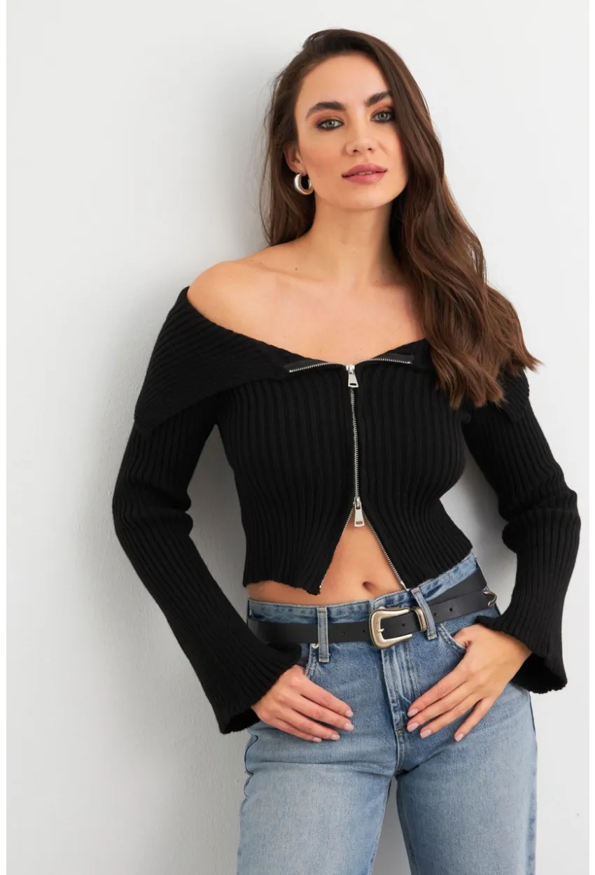 Kadın Siyah Devrik Yaka Kısa Hırka TEM103