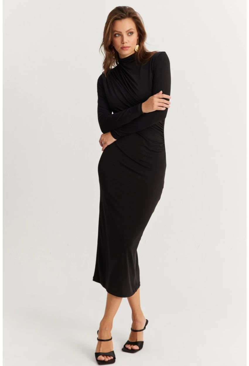 Kadın Siyah Drape Maxi Elbise DMR377