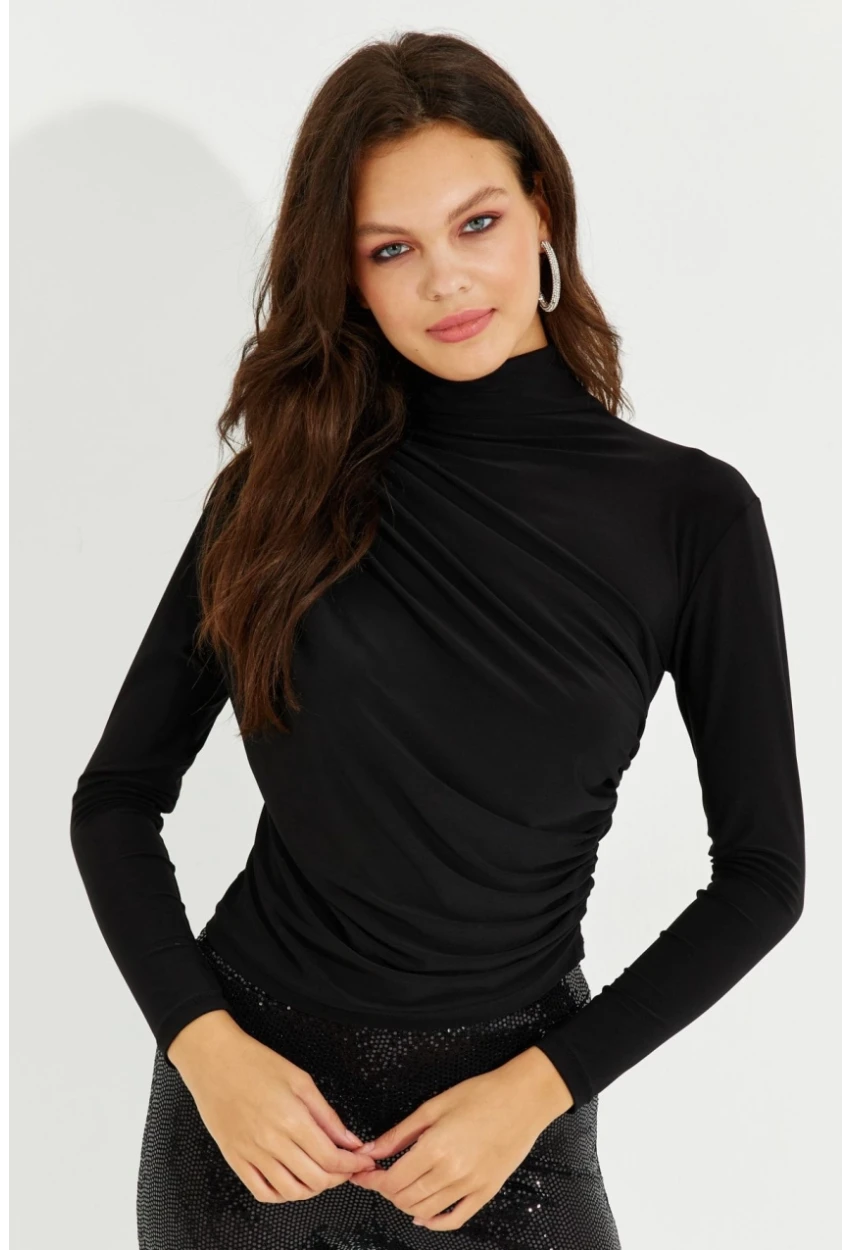 Kadın Siyah Drapeli Bluz LPP1226