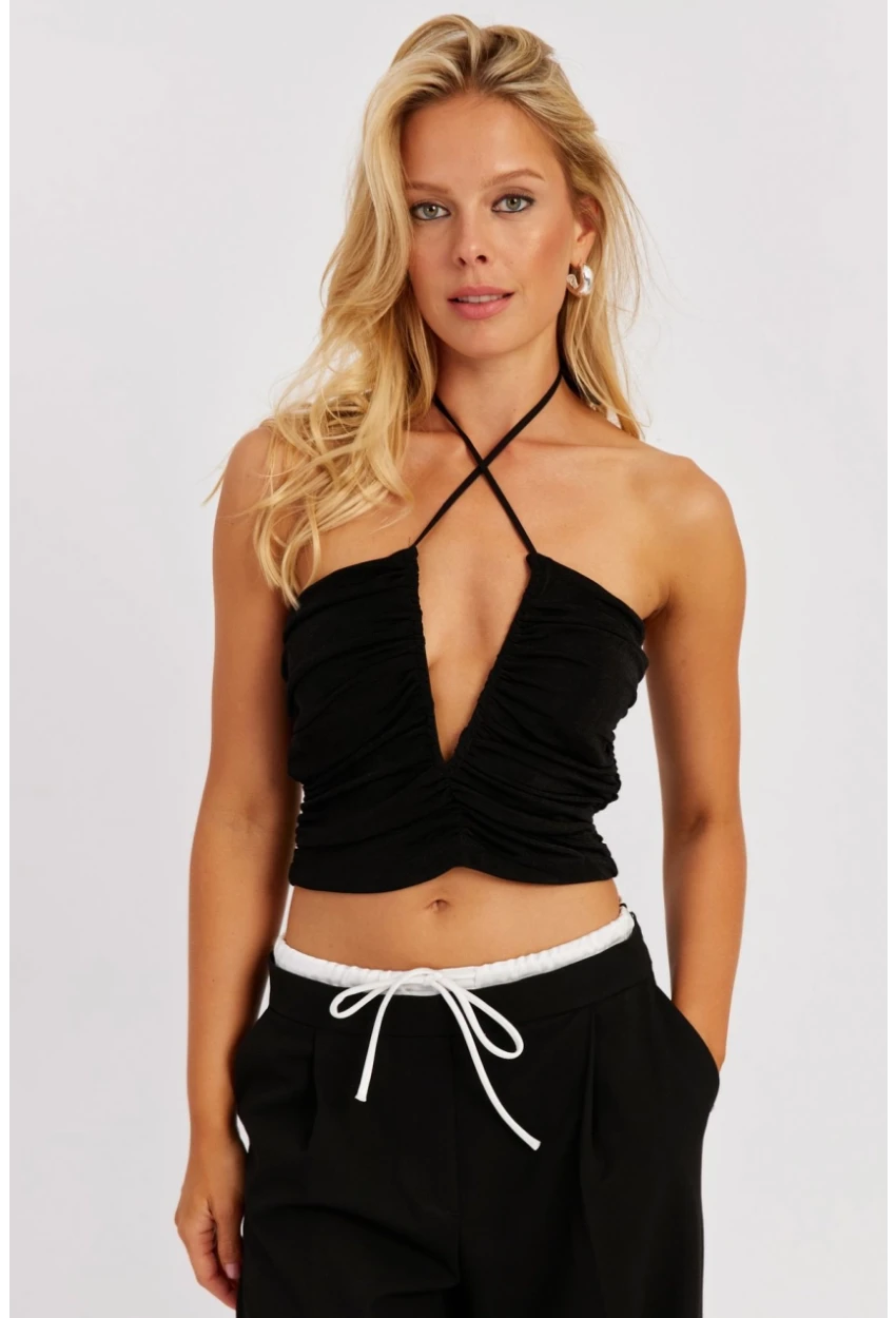 Kadın Siyah Drapeli Crop Bluz KED154