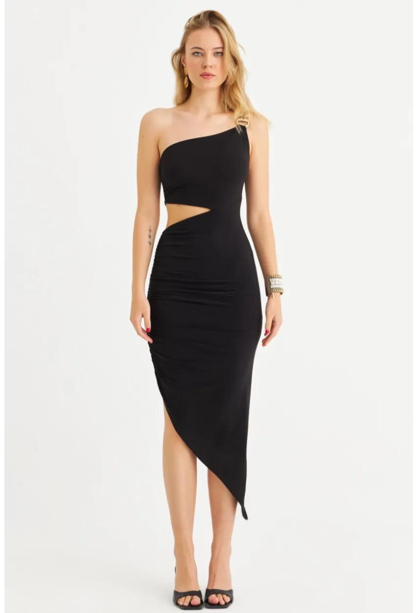 Kadın Siyah Drapeli Dekolteli Midi Elbise SDY1264