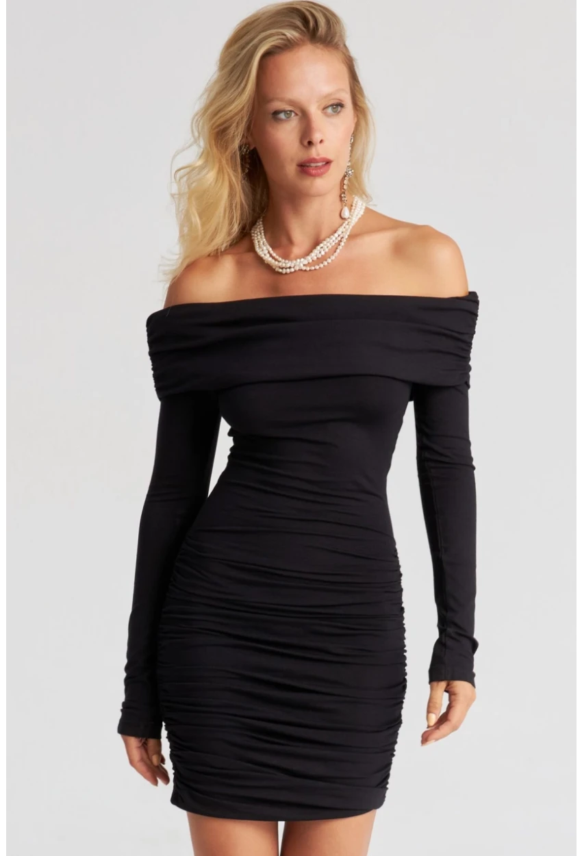 Kadın Siyah Drapeli Madonna Mini Elbise B229