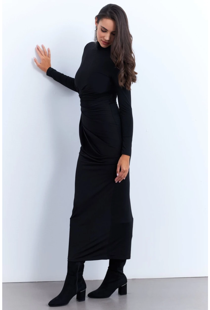 Kadın Siyah Drapeli Maxi Elbise MLİK12
