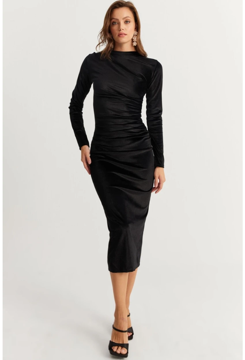 Kadın Siyah Drapeli Midi Elbise MON1113