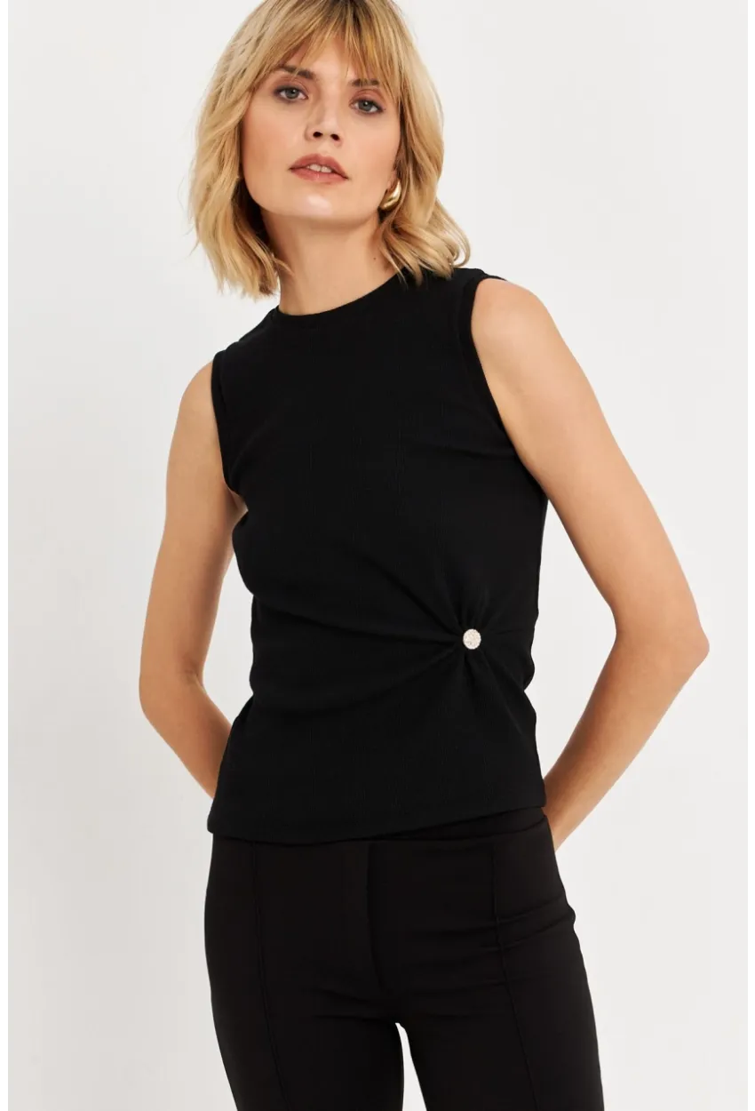 Kadın Siyah Düğme Aksesuarlı Büzgülü Bluz TF72