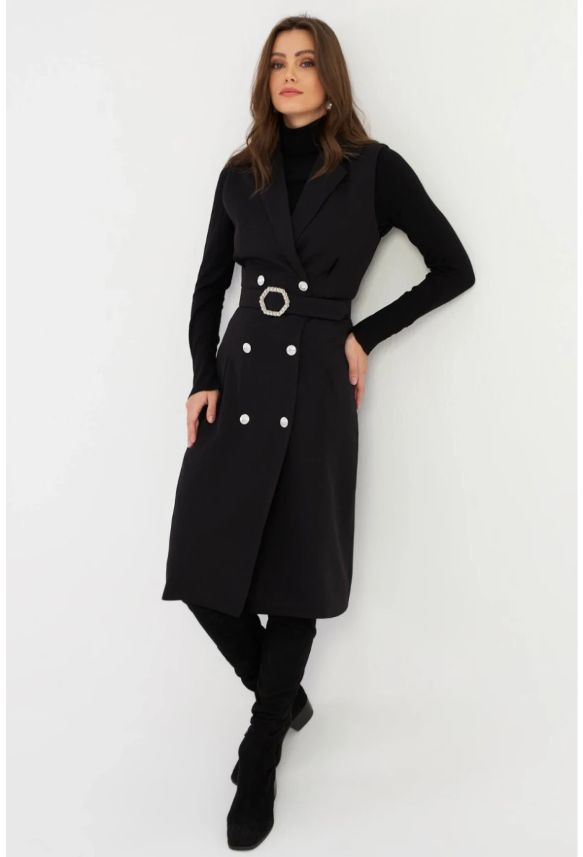 Kadın Siyah Düğme Aksesuarlı Ceket Elbise MERA101