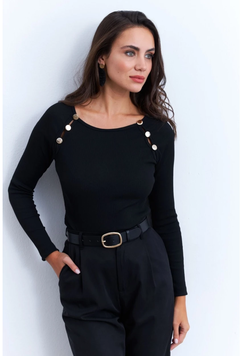 Kadın Siyah Düğme Aksesuarlı Kaşkorse Bluz EY2945