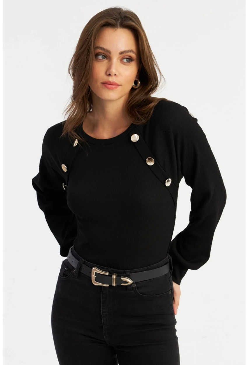 Kadın Siyah Düğme Aksesuarlı Kaşkorse Bluz MEY2946