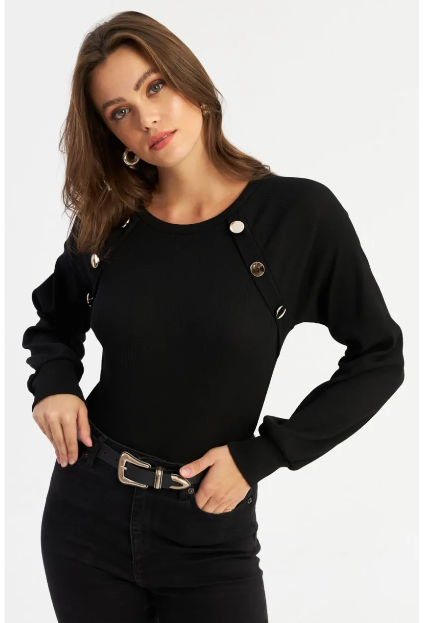 Kadın Siyah Düğme Aksesuarlı Kaşkorse Bluz MEY2946