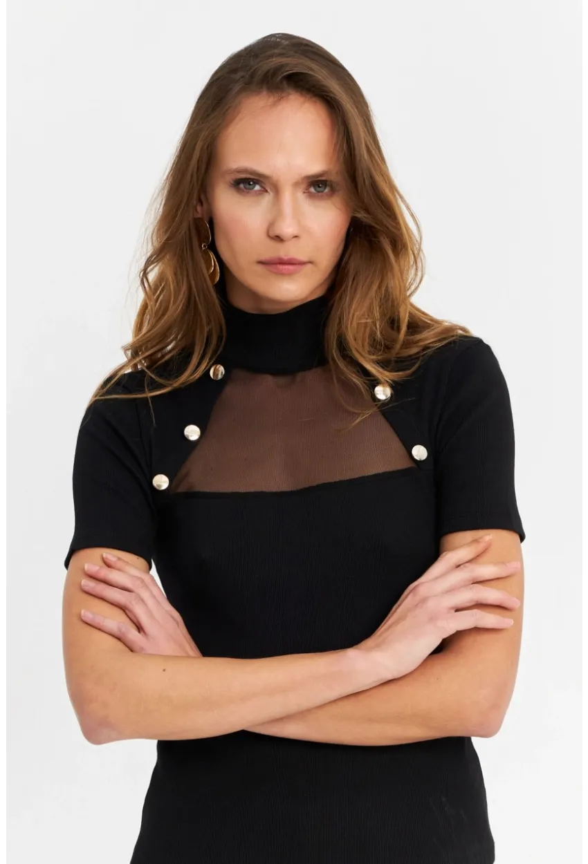 Kadın Siyah Düğme Aksesuarlı Kaşkorse Bluz TF56