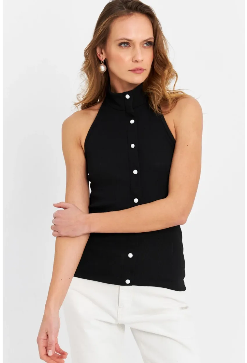 Kadın Siyah Düğme Aksesuarlı Kolsuz Bluz EY3065