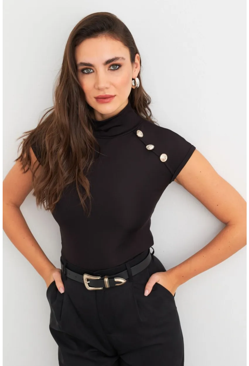 Kadın Siyah Düğme Detaylı Bluz EY3027