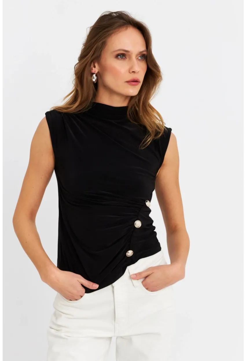 Kadın Siyah Düğme Detaylı Bluz LPP1022