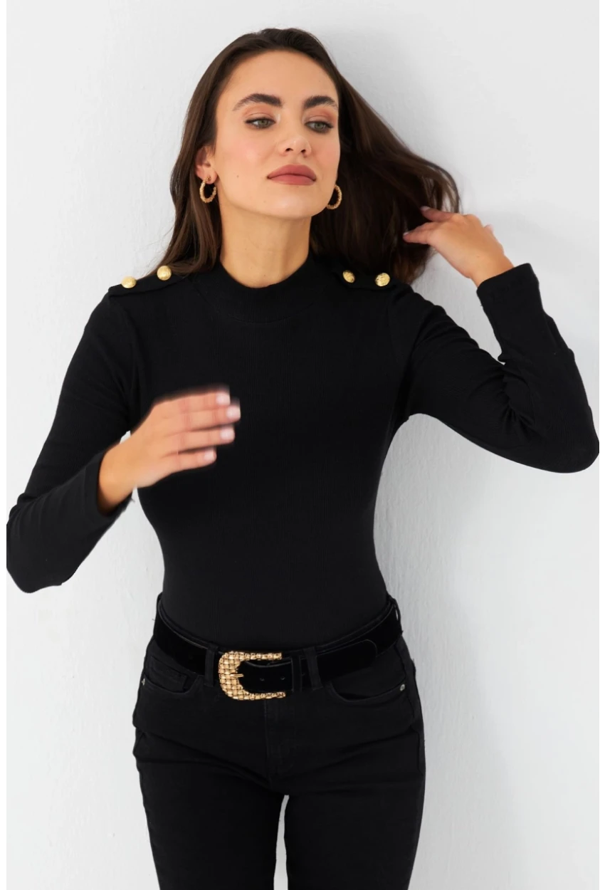 Kadın Siyah Düğme Detaylı Bluz MAYD14