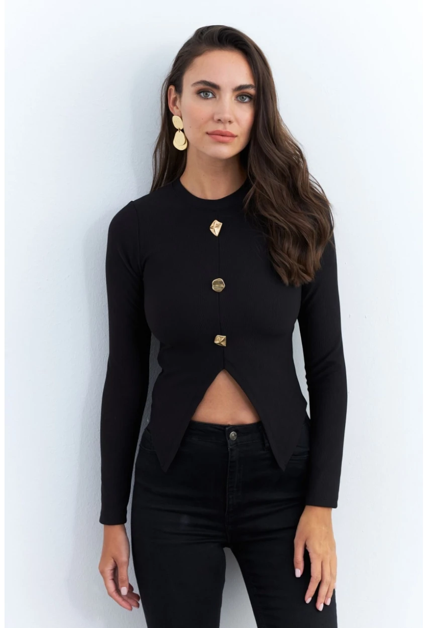 Kadın Siyah Düğme Detaylı Bluz RLO83