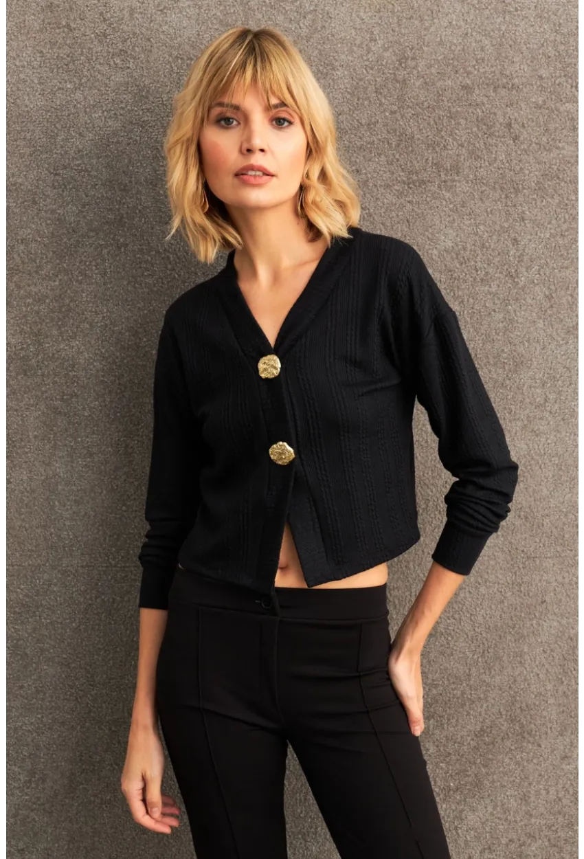 Kadın Siyah Düğme Detaylı Bluz TF57