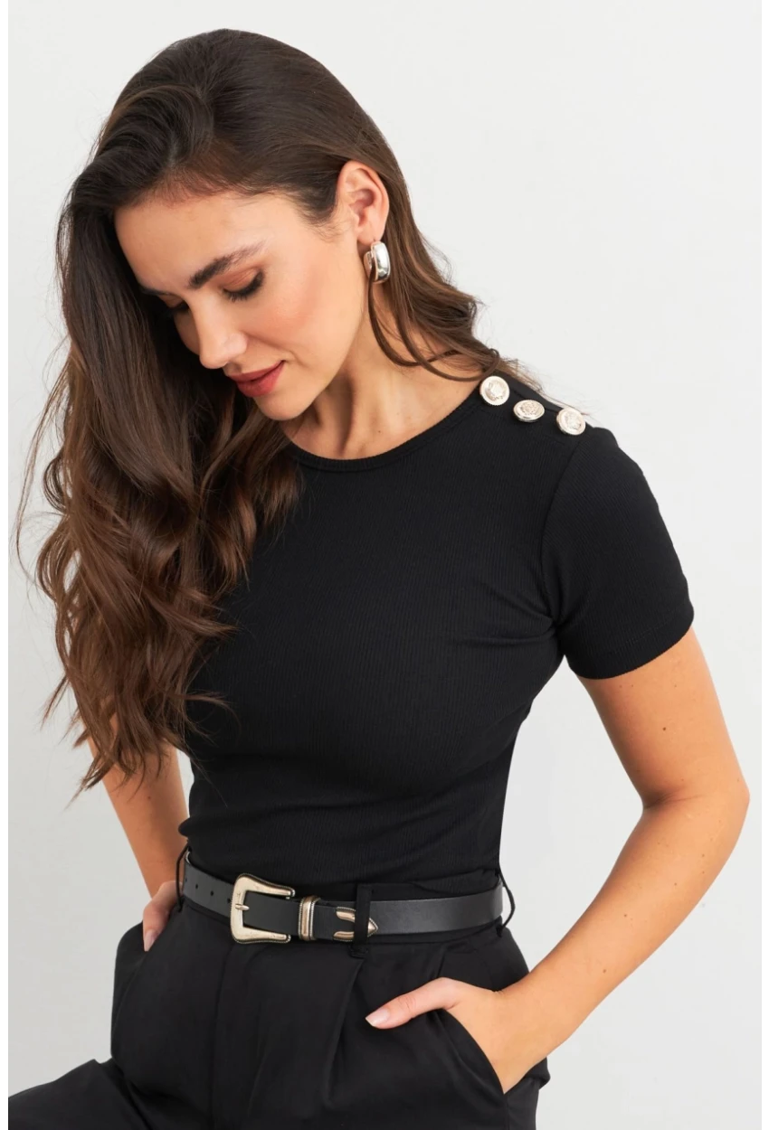 Kadın Siyah Düğme Detaylı Kaşkorse Bluz EY3031