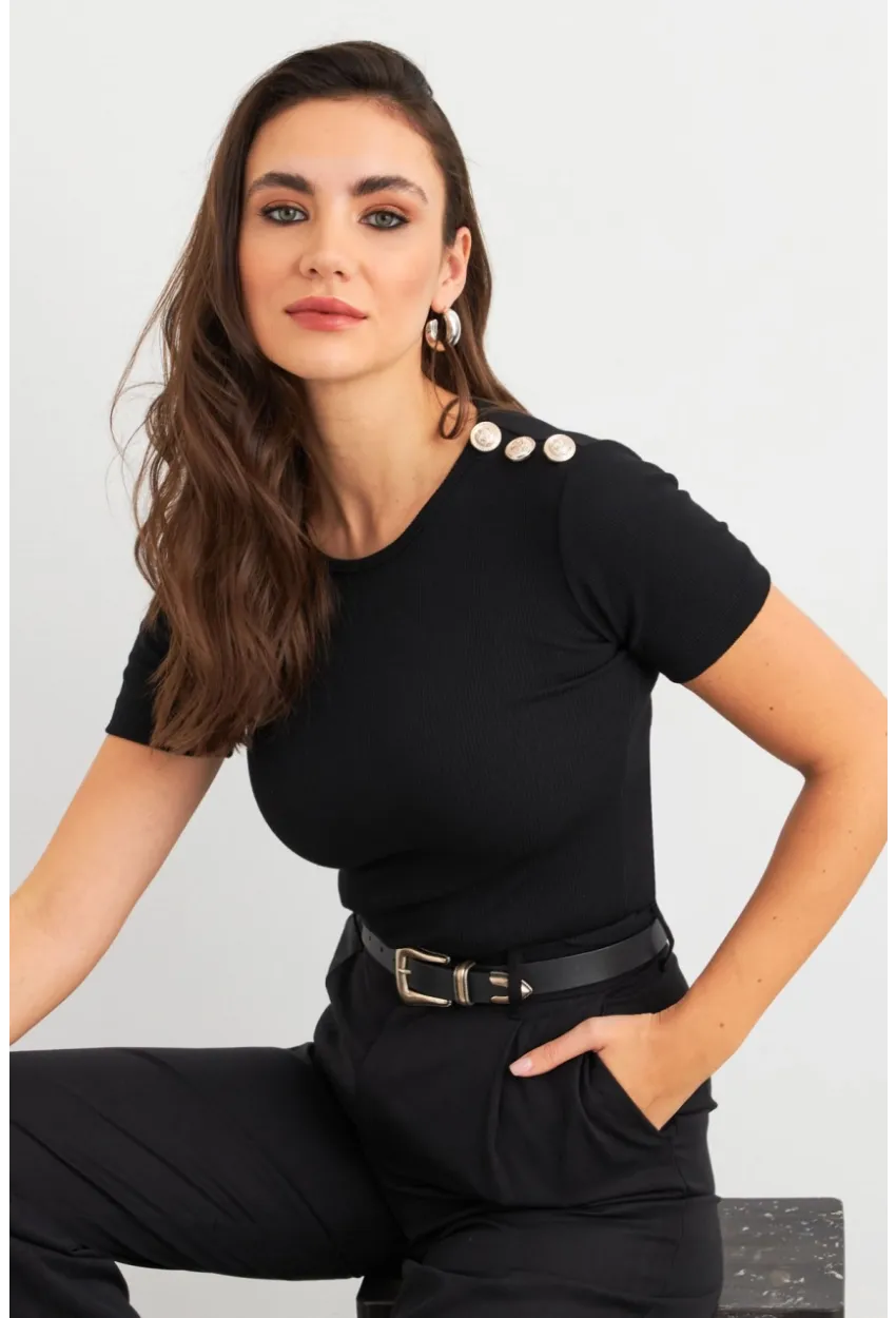 Kadın Siyah Düğme Detaylı Kaşkorse Bluz EY3031