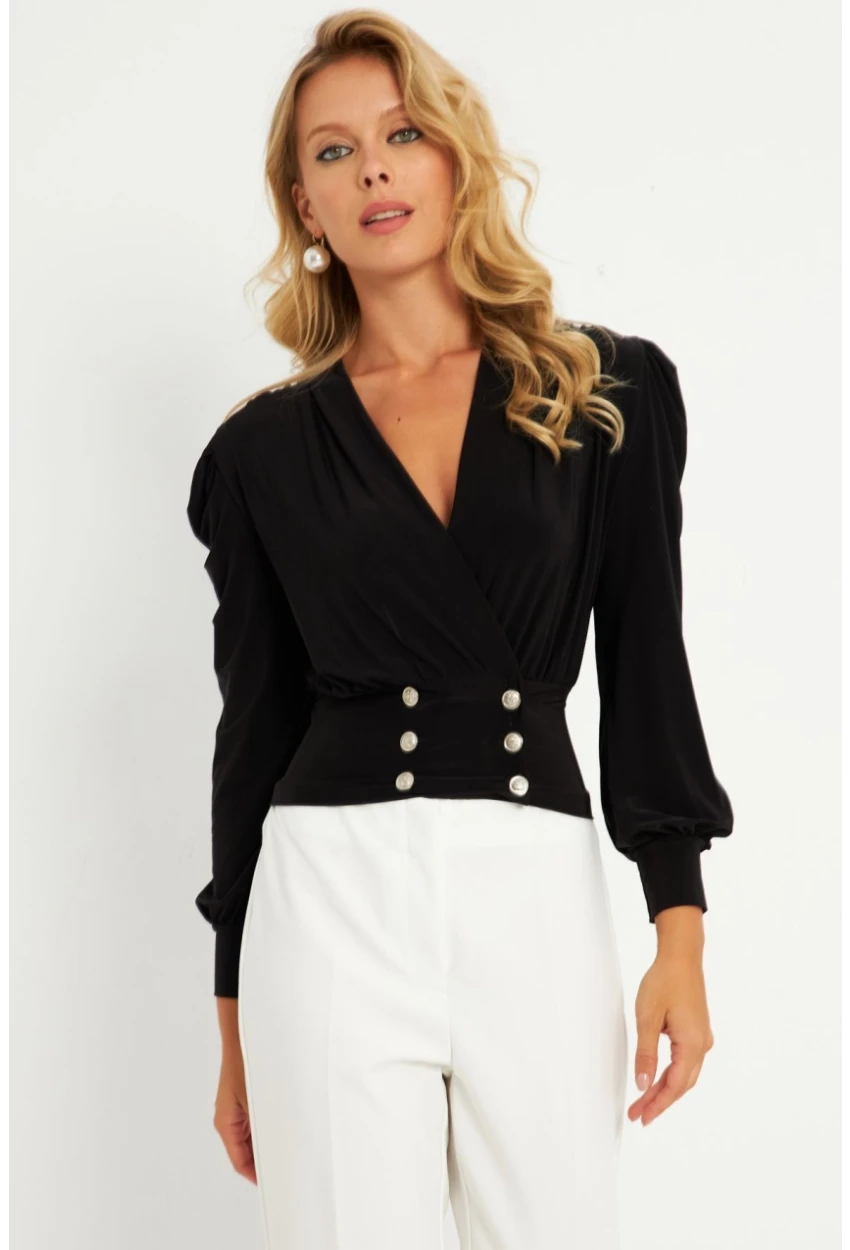 Kadın Siyah Düğme Detaylı Kruvaze Bluz ELT3188
