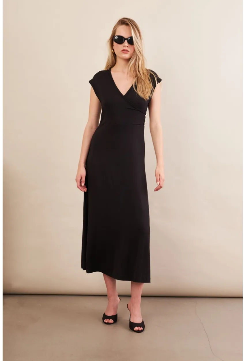 Kadın Siyah Düğme Detaylı Kruvaze Midi Elbise EY0011