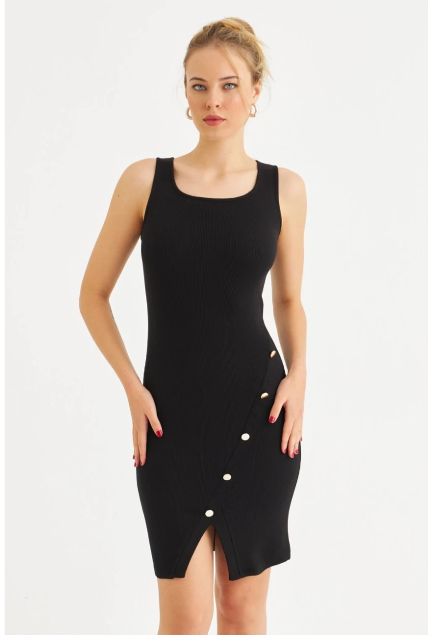 Kadın Siyah Düğme Detaylı Midi Elbise URO1111