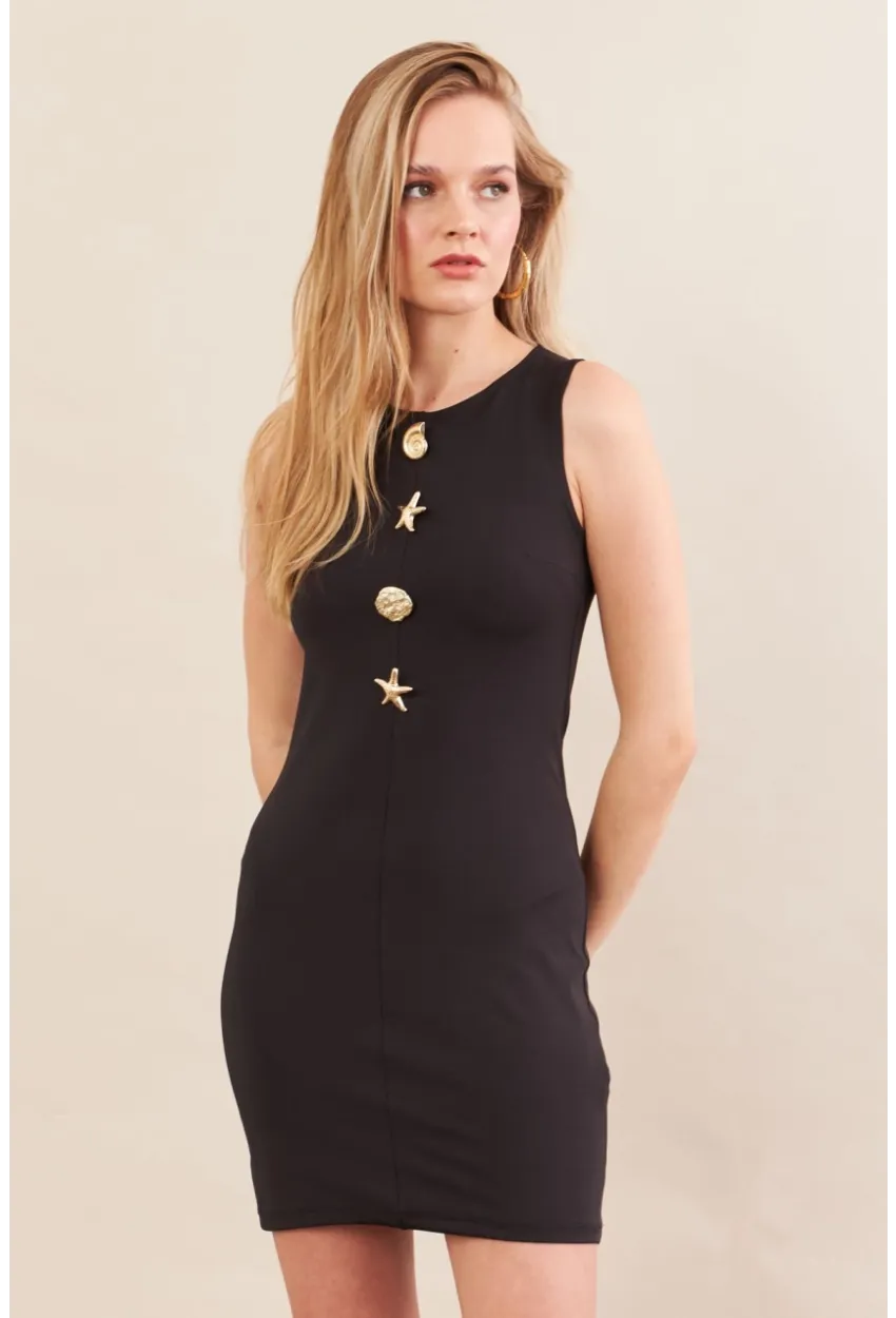Kadın Siyah Düğme Detaylı Mini Elbise MOD201