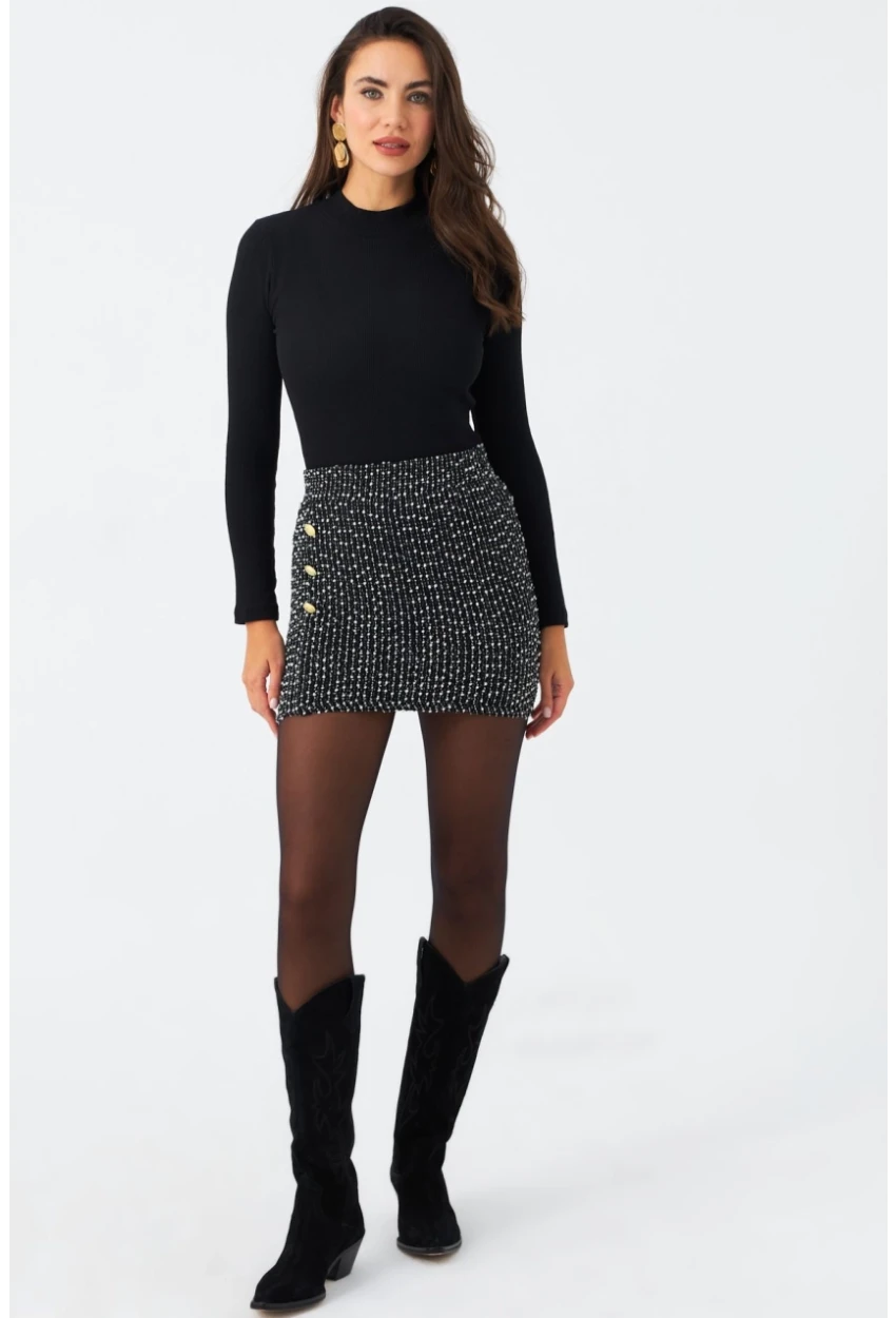 Kadın Siyah Düğme Detaylı Mini Etek RX447