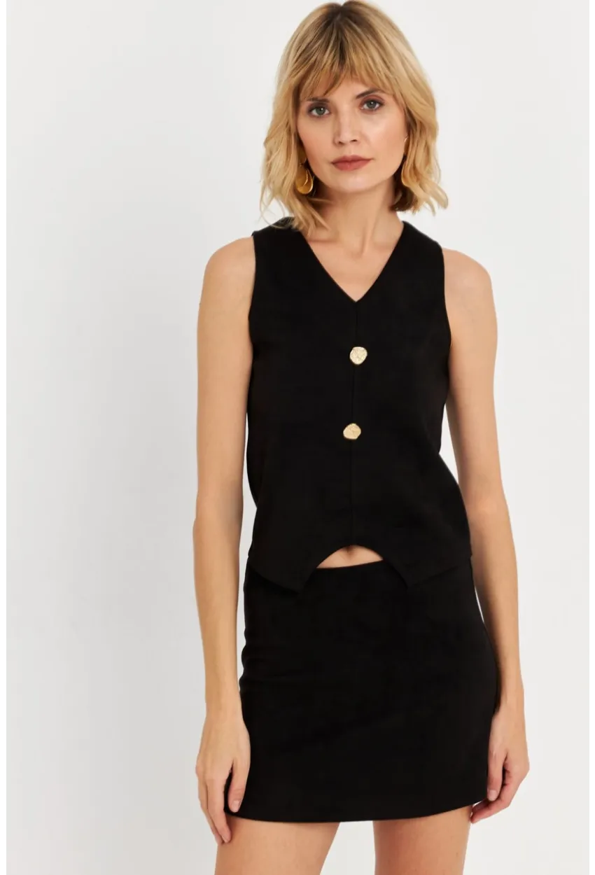 Kadın Siyah Düğme Detaylı Süet Bluz KED7113