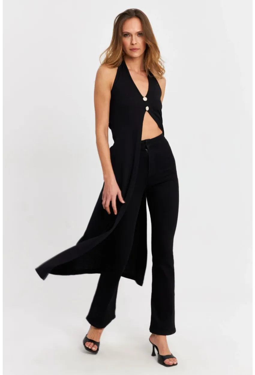 Kadın Siyah Düğme Detaylı Uzun Yelek EY3048