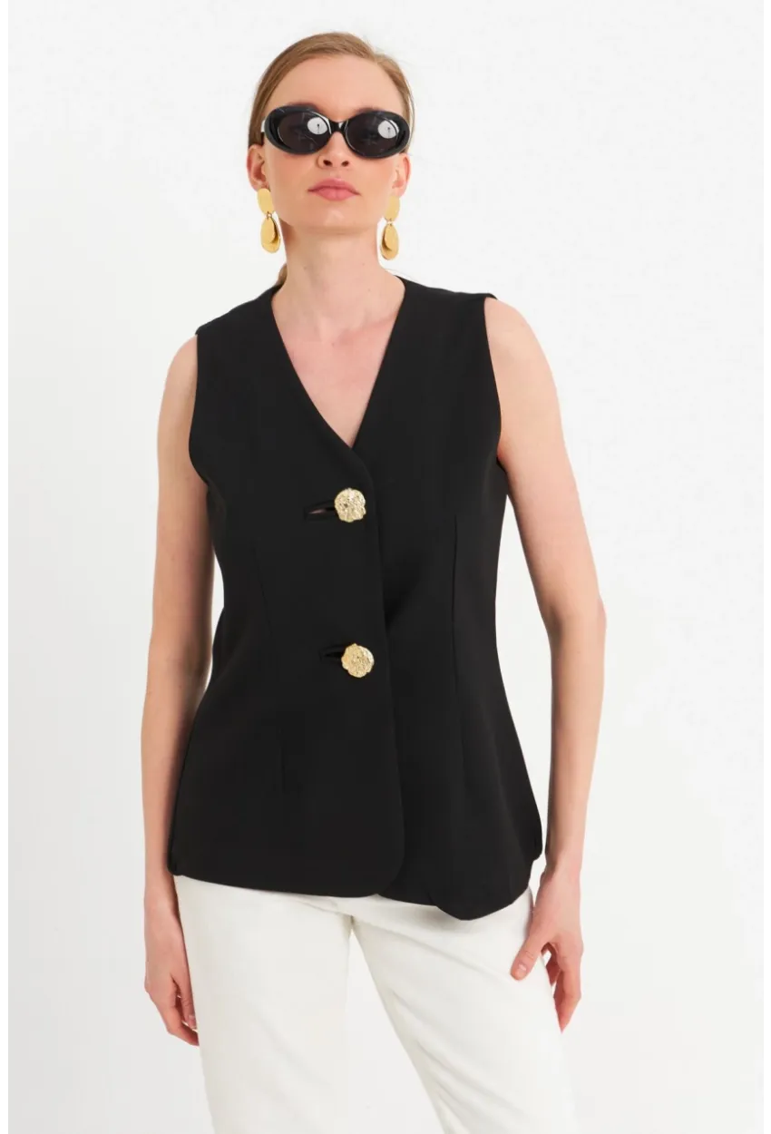 Kadın Siyah Düğme Detaylı Yelek CAR1152