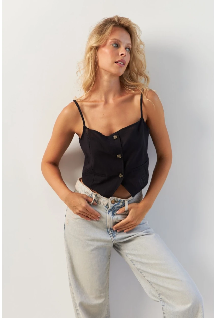Kadın Siyah Düğmeli İp Askılı Yelek MP20153