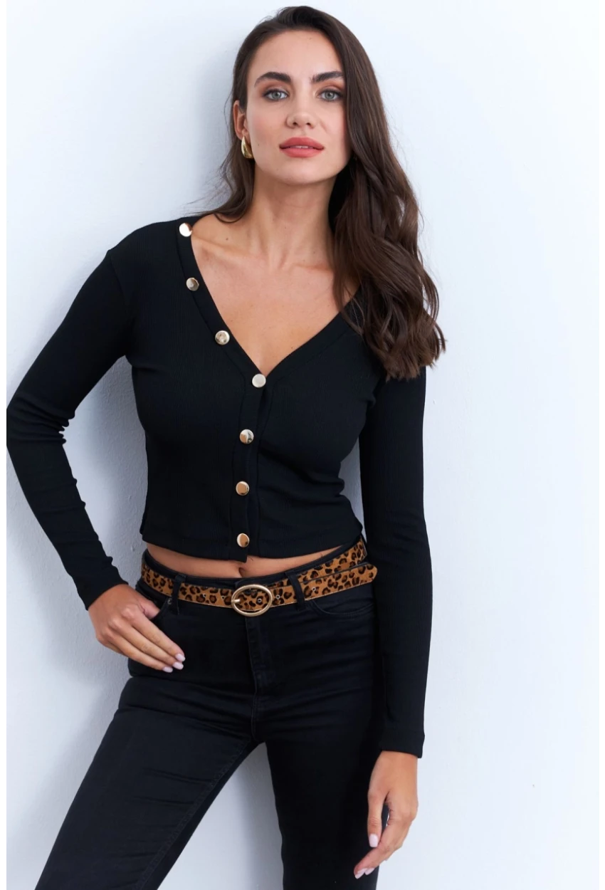 Kadın Siyah Düğmeli Kısa Hırka EY2952