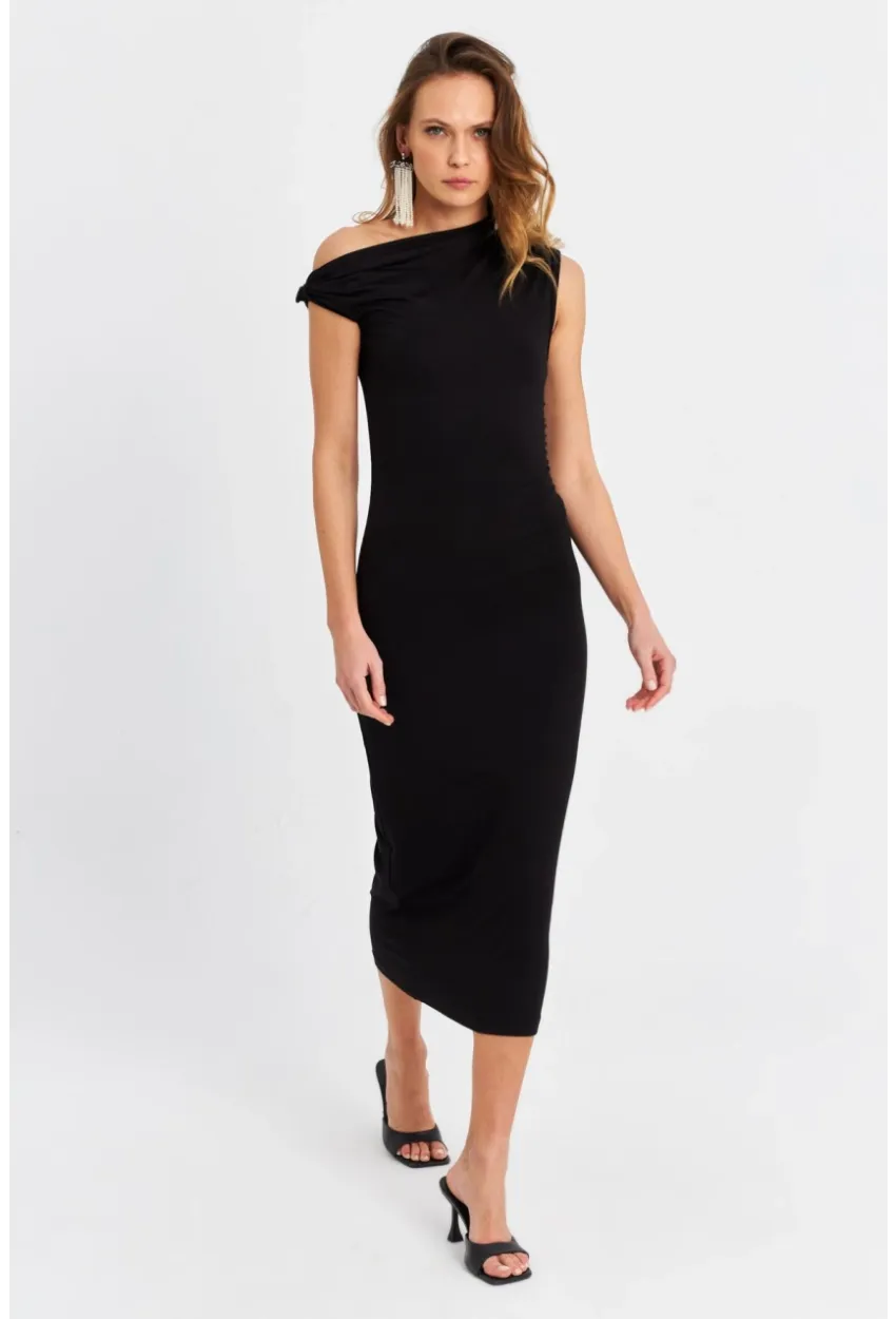 Kadın Siyah Düğümlü Midi Elbise EY3069