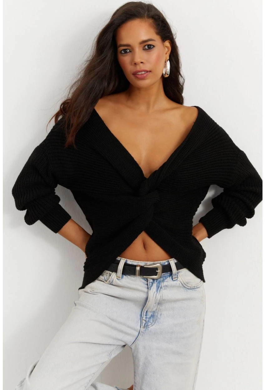 Kadın Siyah Düğümlü Triko Bluz MSS118