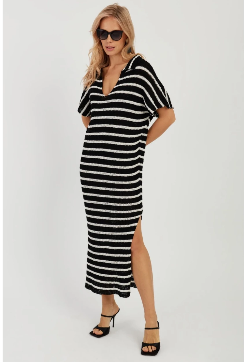 Kadın Siyah-Ekru Ajurlu Triko Midi Elbise YZ622