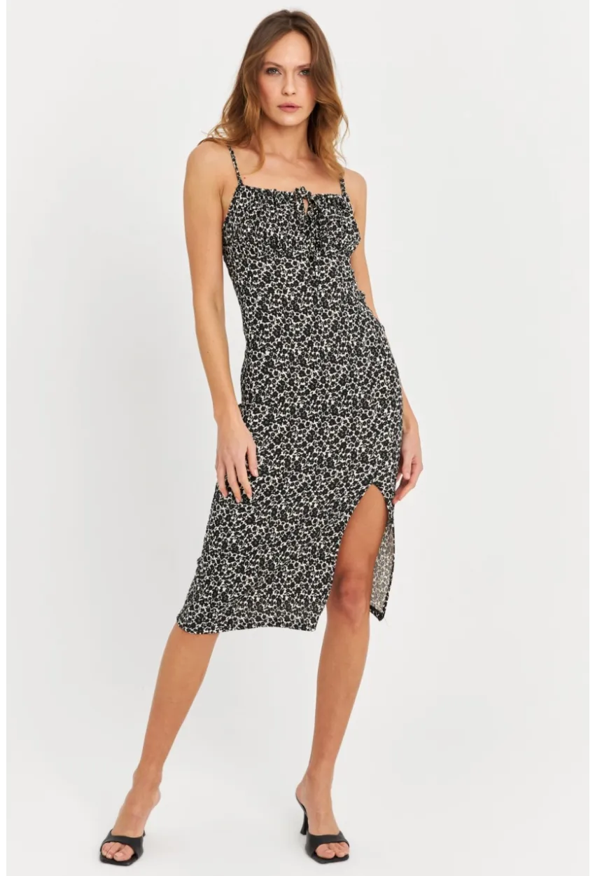 Kadın Siyah-Ekru Askılı Bürümcük Midi Elbise KAB302