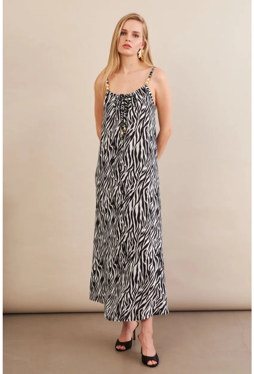 Kadın Siyah-Ekru Boyun Bağlamalı Midi Elbise AN6005