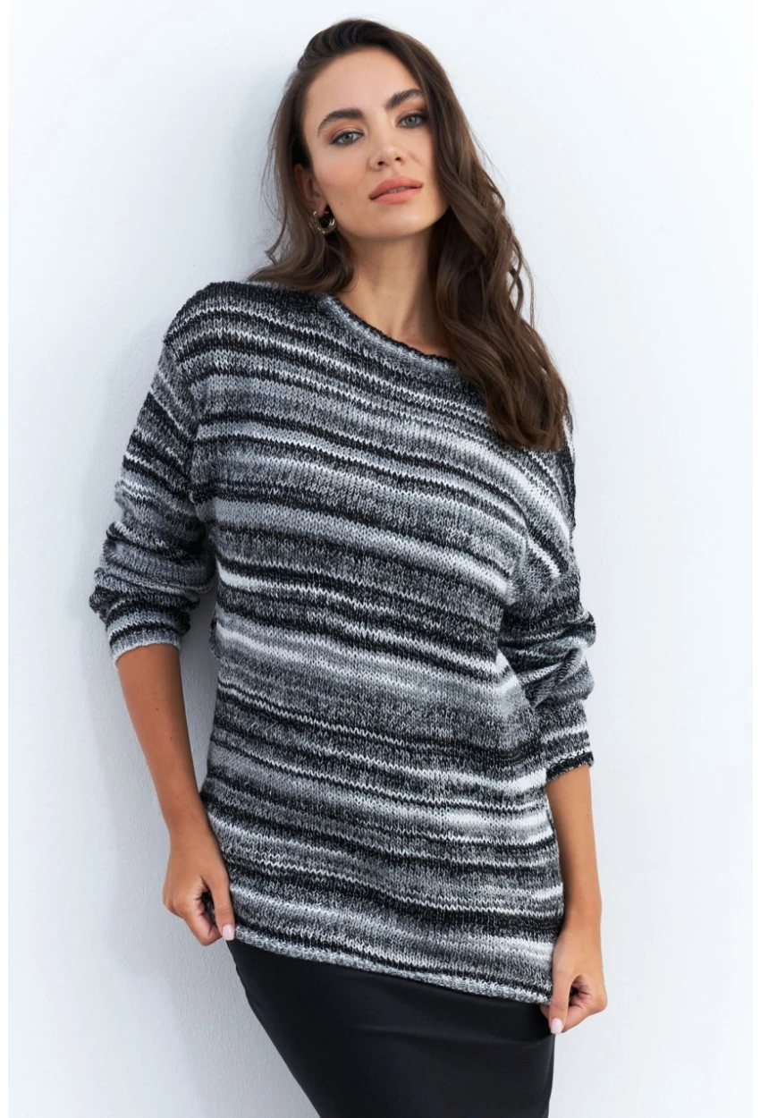 Kadın Siyah-Ekru Çizgili Kazak KAZ28