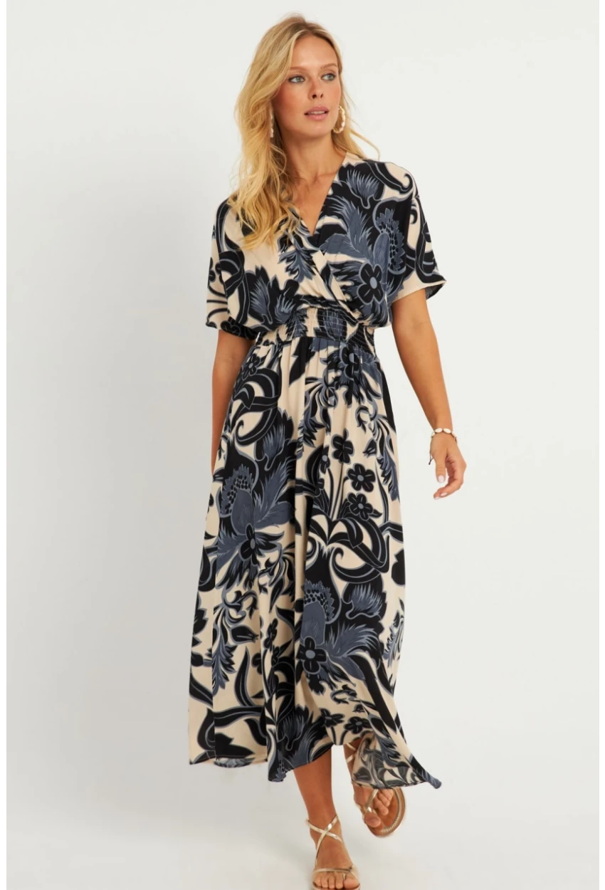 Kadın Siyah-Ekru Desenli Gipeli Midi Elbise YZ1055