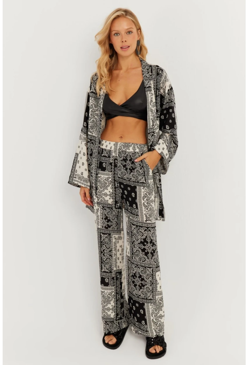 Kadın Siyah-Ekru Desenli Kimono Takım GÇ156