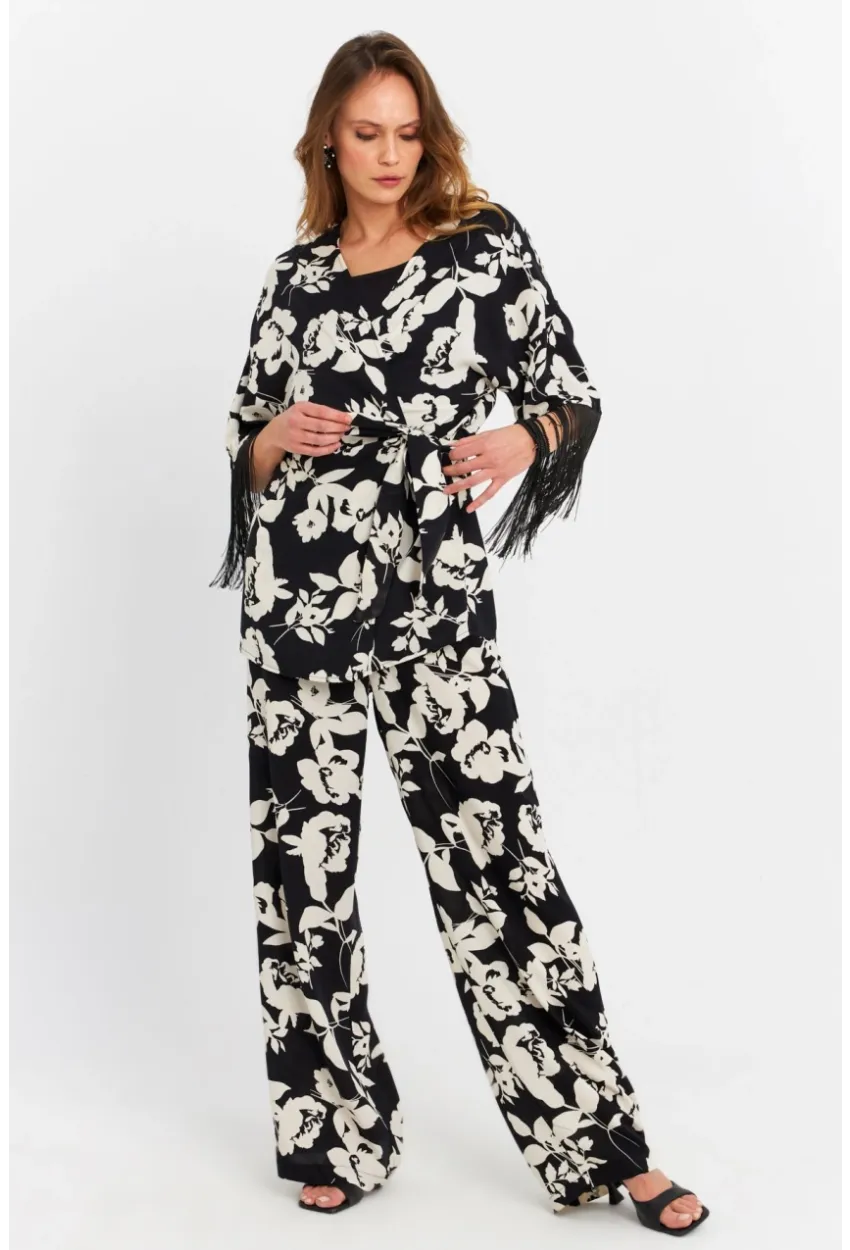 Kadın Siyah-Ekru Desenli Kimono Takım MELT1031