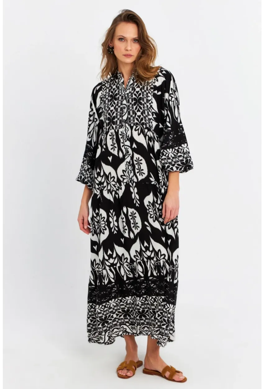 Kadın Siyah-Ekru Desenli Salaş Midi Elbise MALO3002