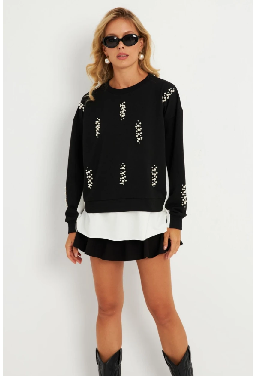 Kadın Siyah-Ekru İncili Sweatshirt MRLO01
