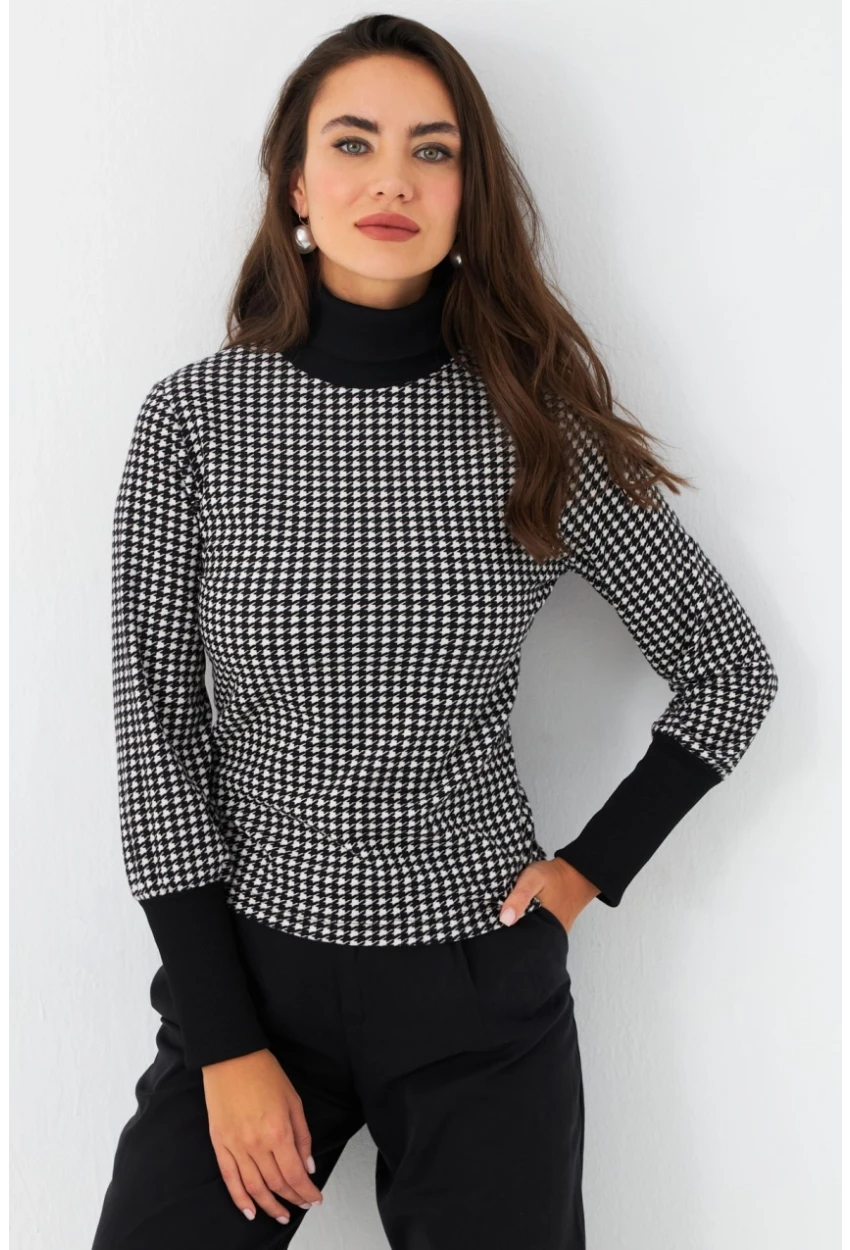 Kadın Siyah-Ekru Kazayağı Balıkçı Bluz EY2972