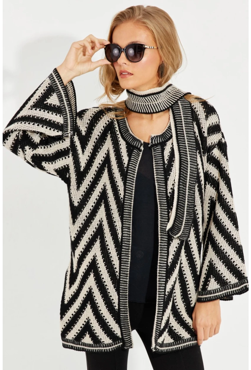 Kadın Siyah-Ekru Kemerli Zikzak Triko Hırka MİW1525