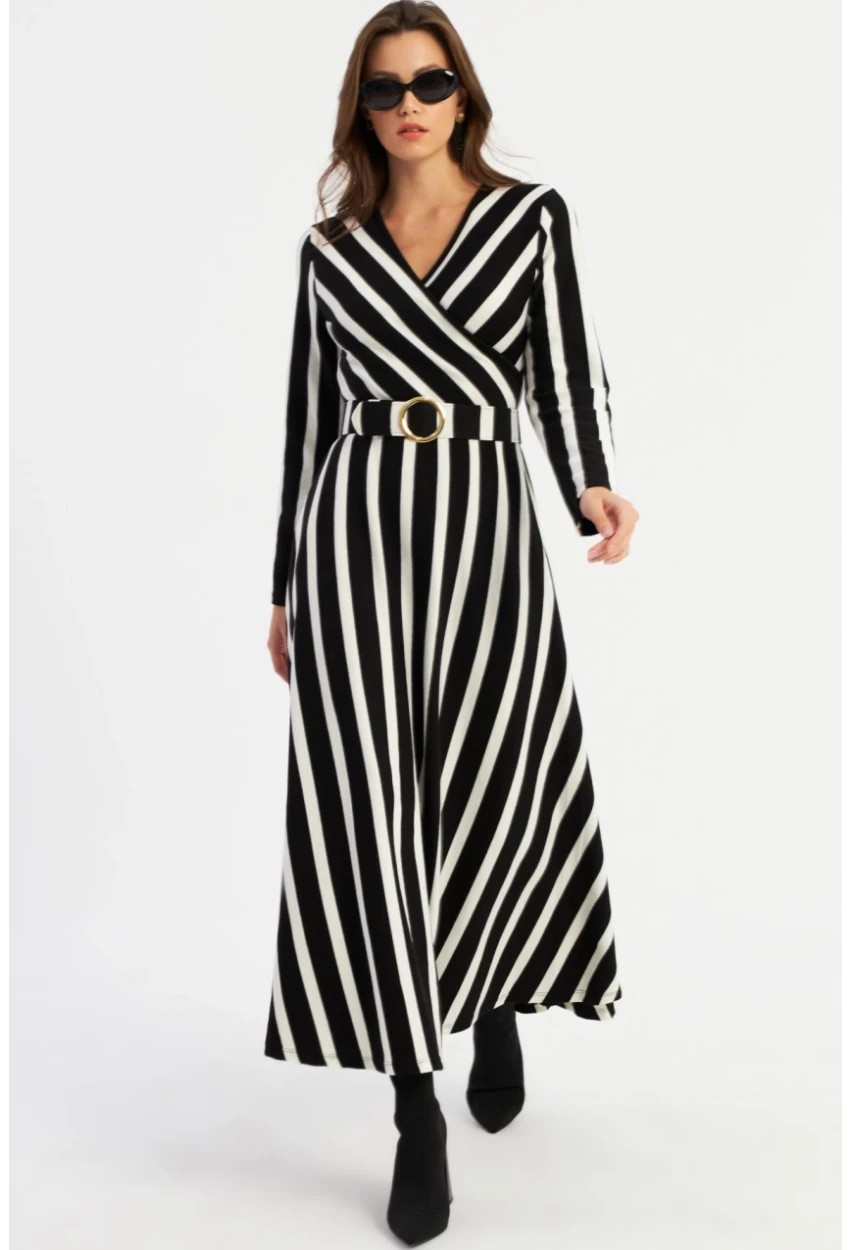 Kadın Siyah-Ekru Kruvaze Kemerli Maxi Elbise MVTN4