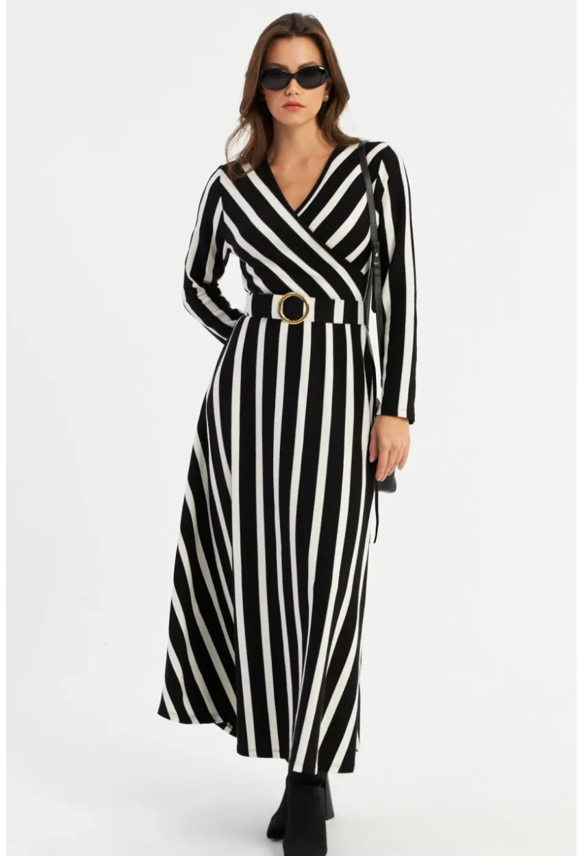 Kadın Siyah-Ekru Kruvaze Kemerli Maxi Elbise MVTN4
