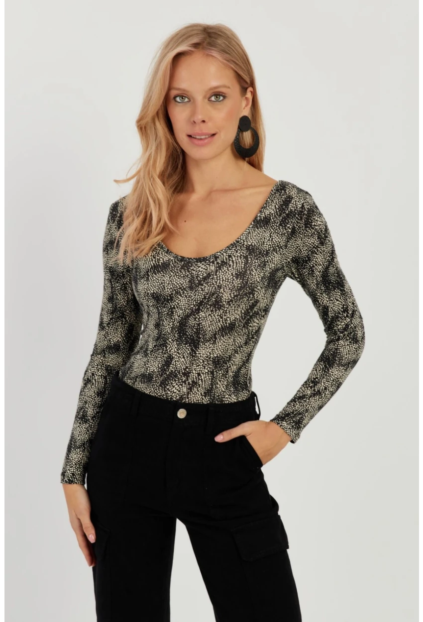 Kadın Siyah-Ekru Ön Arka U Desenli Bluz LPP1266